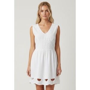 Gretty Zueger White Organic Cotton Embroidered Smocked Waist Dress XL Coastal